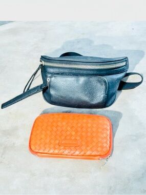 Christopher Kon Black Leather Waist Bag with Orange Woven Zip Wallet